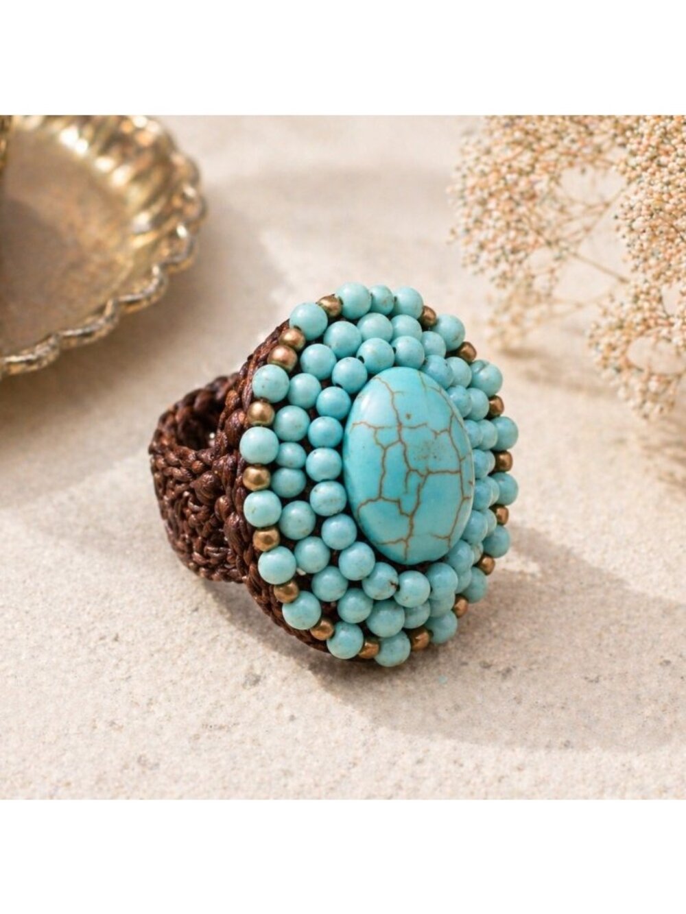 Turquoise Beaded‎ Statement Ring With Woven Band Boho Vintage Style Jewelry S 7